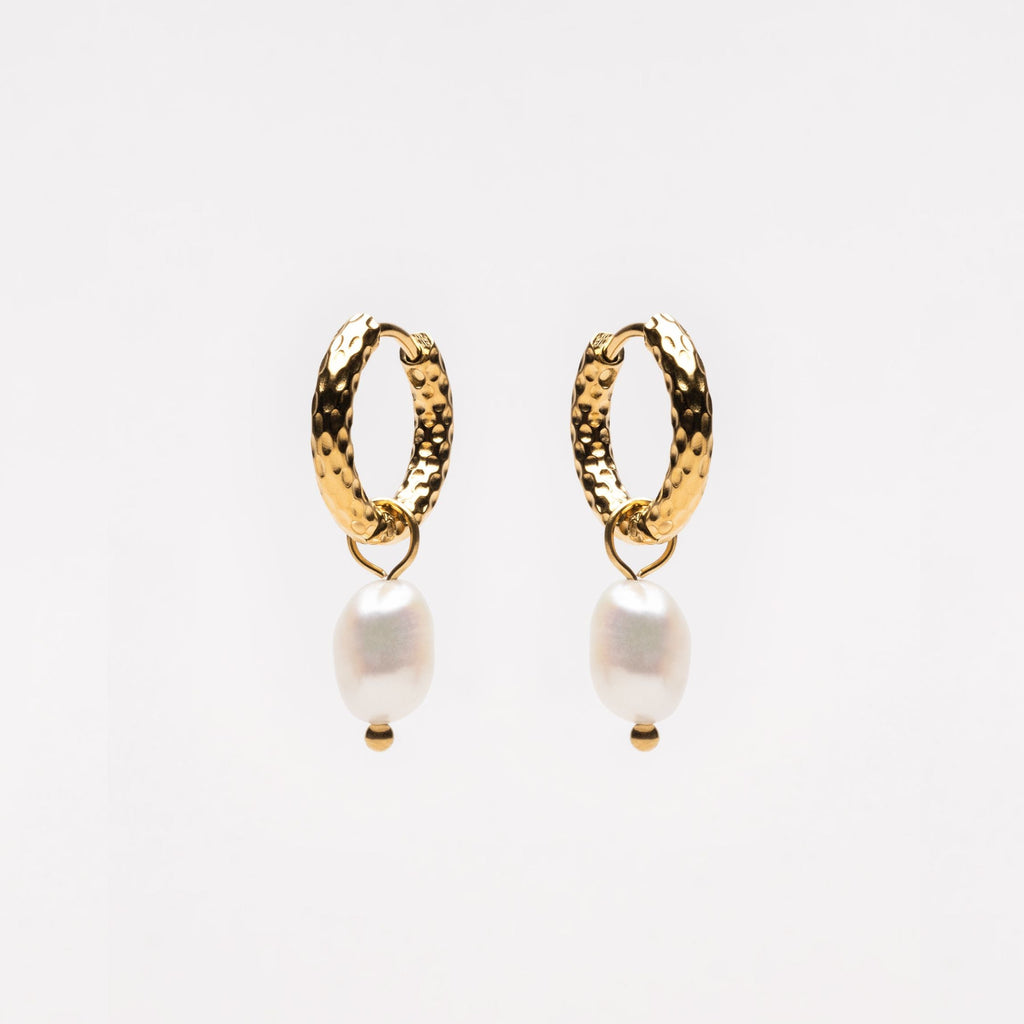 18K Gold Plated Hammered Freshwater Pearl Hoop Earrings