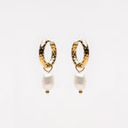 18K Gold Plated Hammered Freshwater Pearl Hoop Earrings