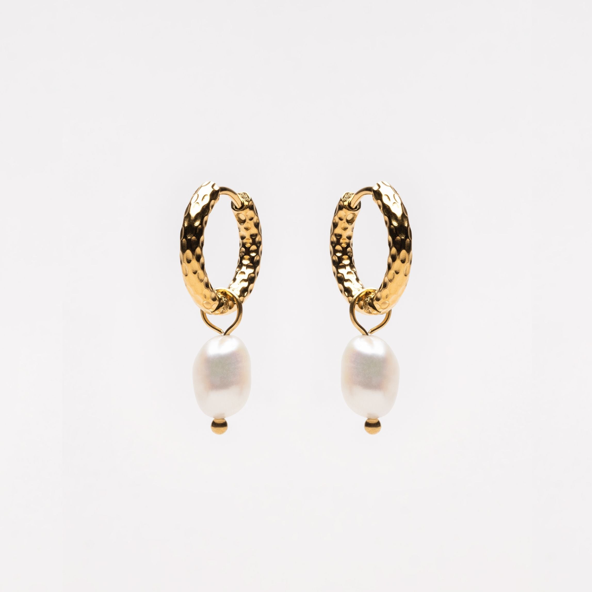 18K Gold Plated Hammered Freshwater Pearl Hoop Earrings