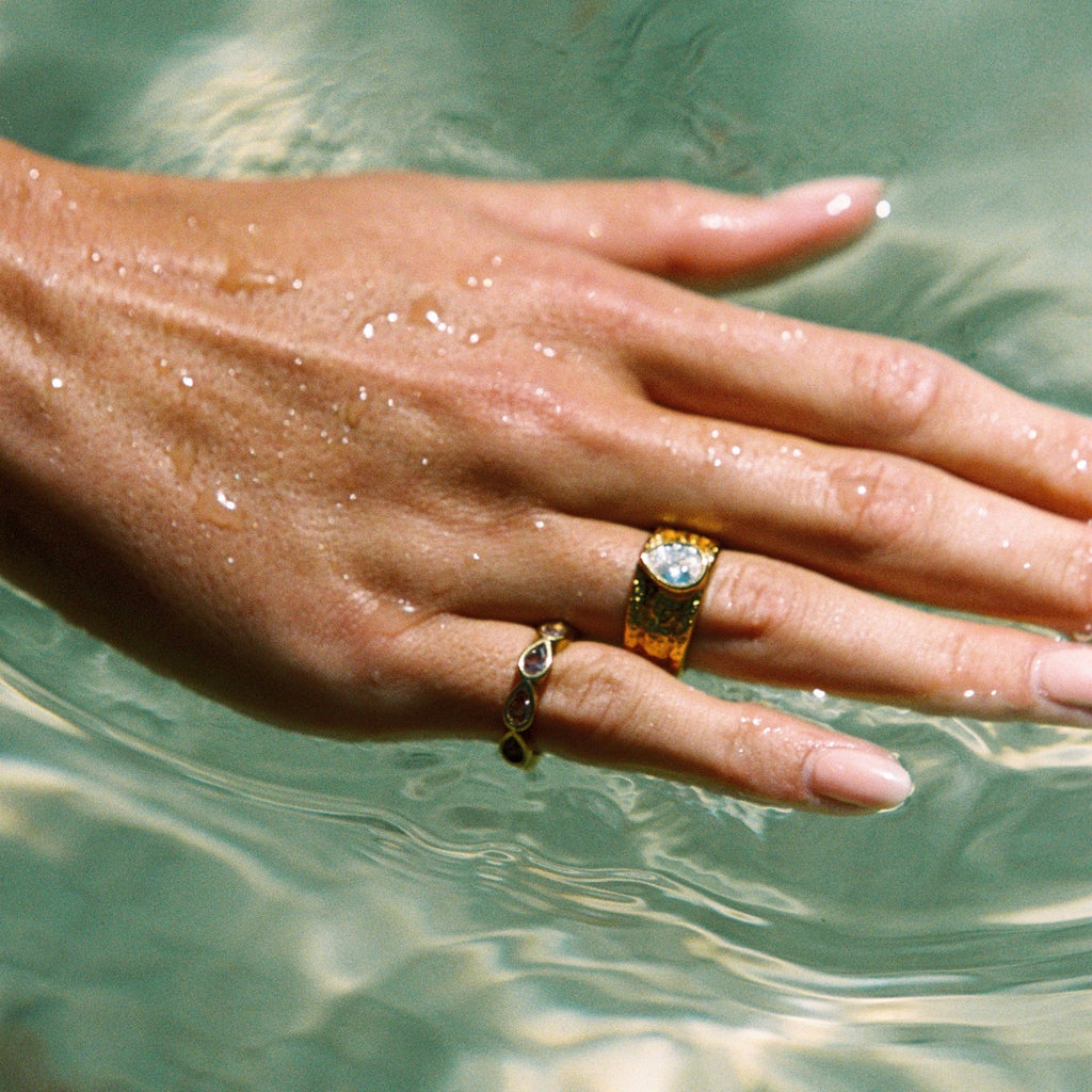 18K Gold Plated Odyssey Hammered White Zircon Ring