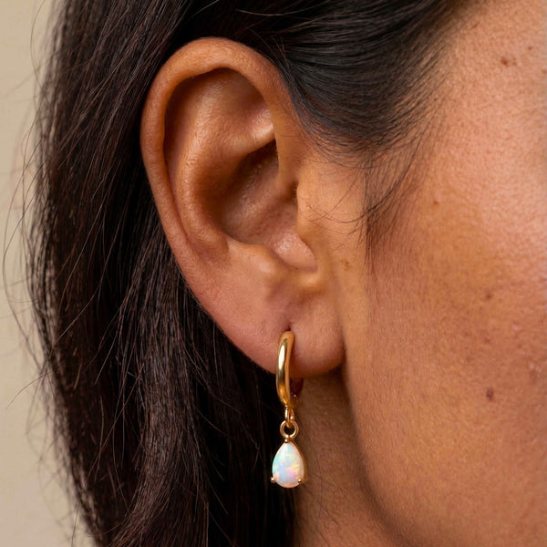 18K Gold Plated Opal Teardrop Drop Hoop Earrings