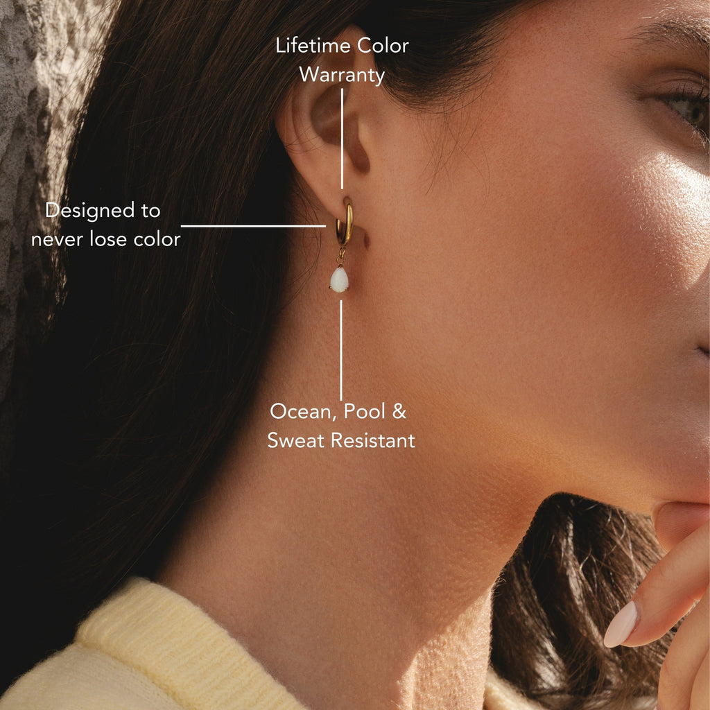18K Gold Plated Opal Teardrop Drop Hoop Earrings