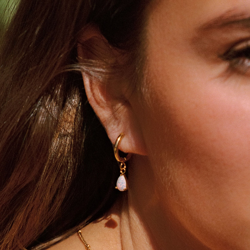 18K Gold Plated Opal Teardrop Drop Hoop Earrings