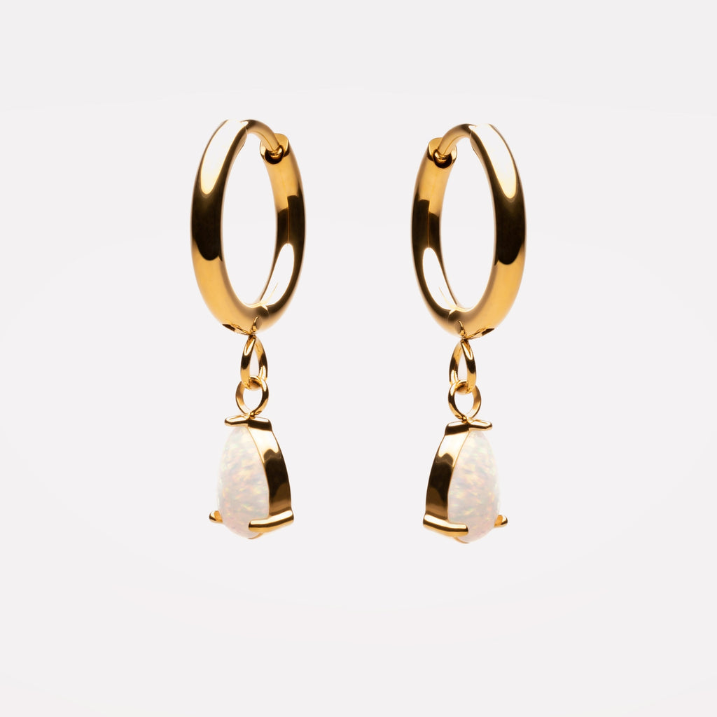 18K Gold Plated Opal Teardrop Drop Hoop Earrings