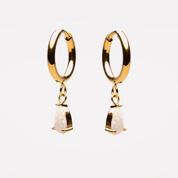 18K Gold Plated Opal Teardrop Drop Hoop Earrings