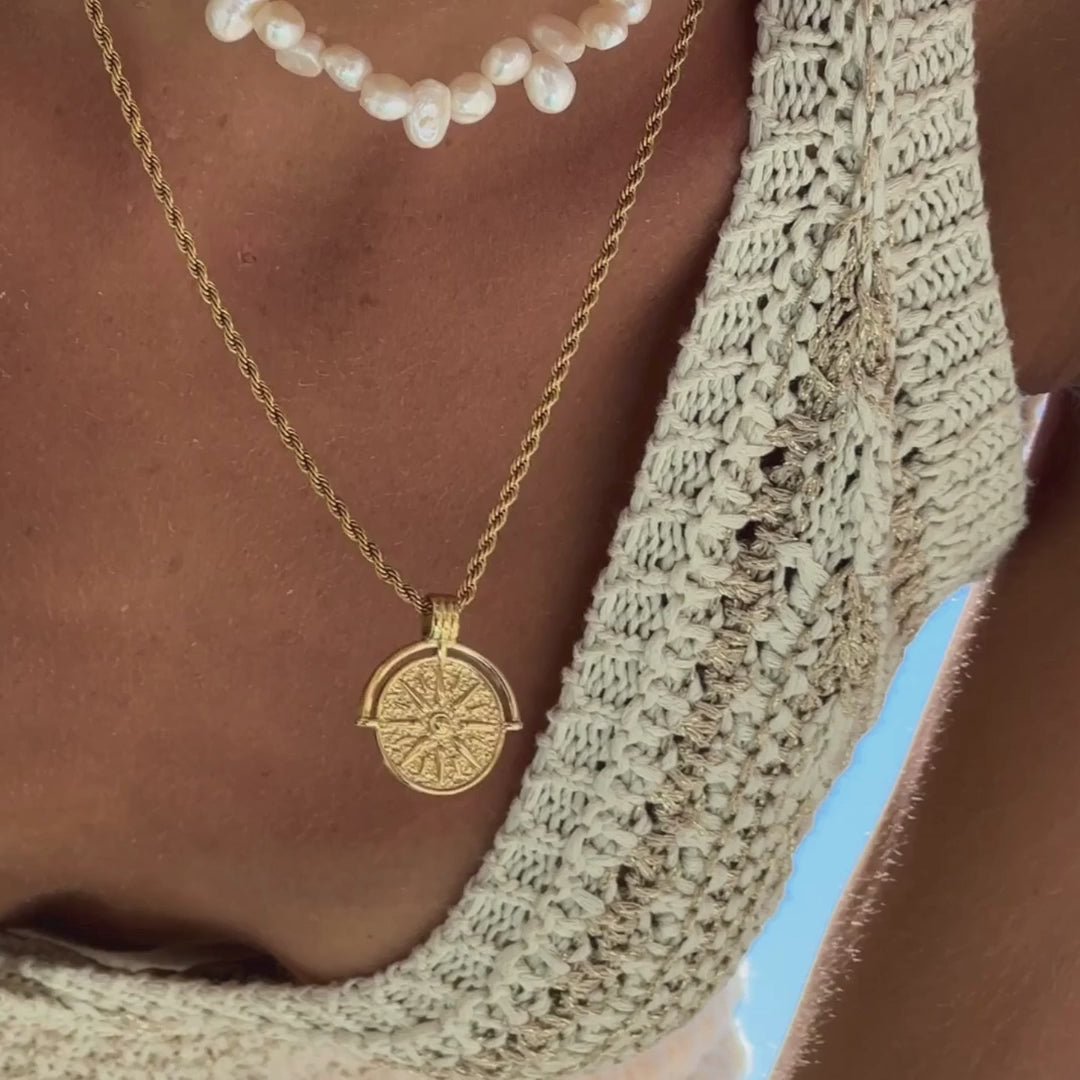 18K Gold Plated Sun Coin Pendant Rope Chain Necklace