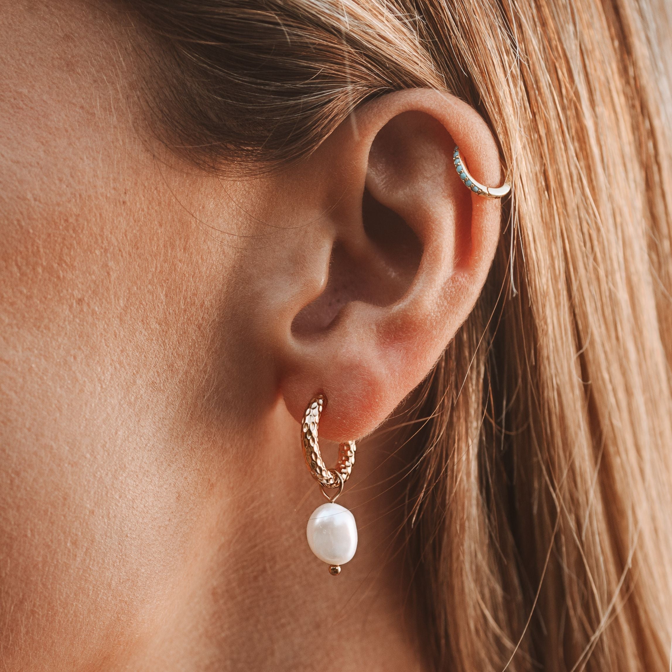 18K Gold Plated Hammered Freshwater Pearl Hoop Earrings