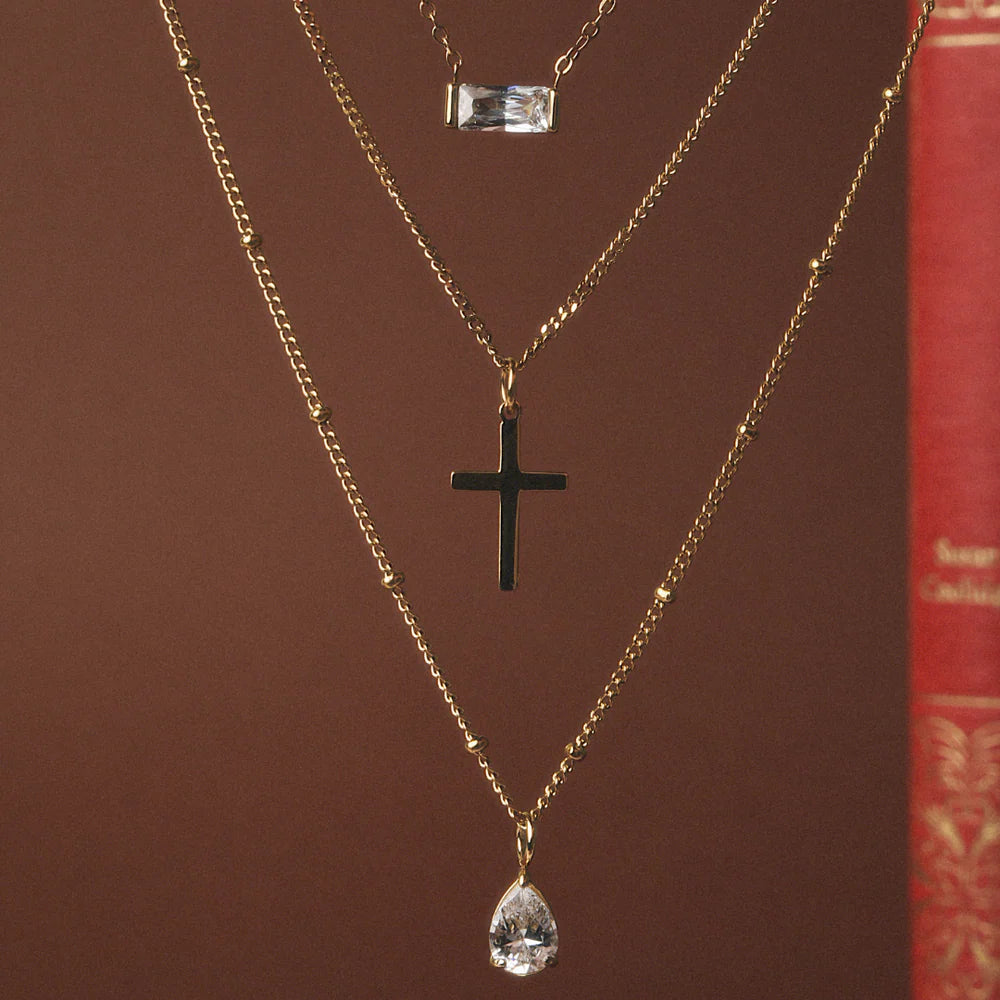 18K Gold Plated Minimalist Cross Pendant Satellite Chain Necklace