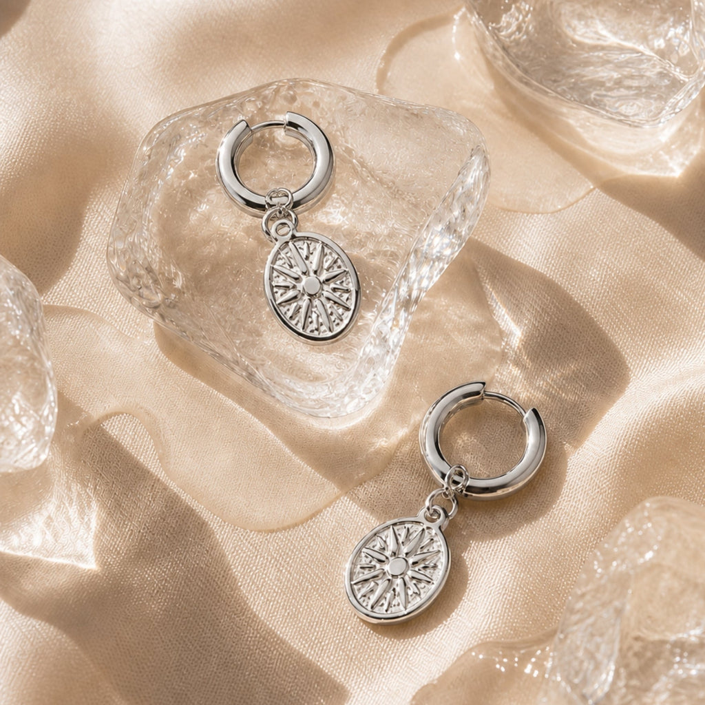 18K Gold Plated Sun Coin Drop Hoop Earrings