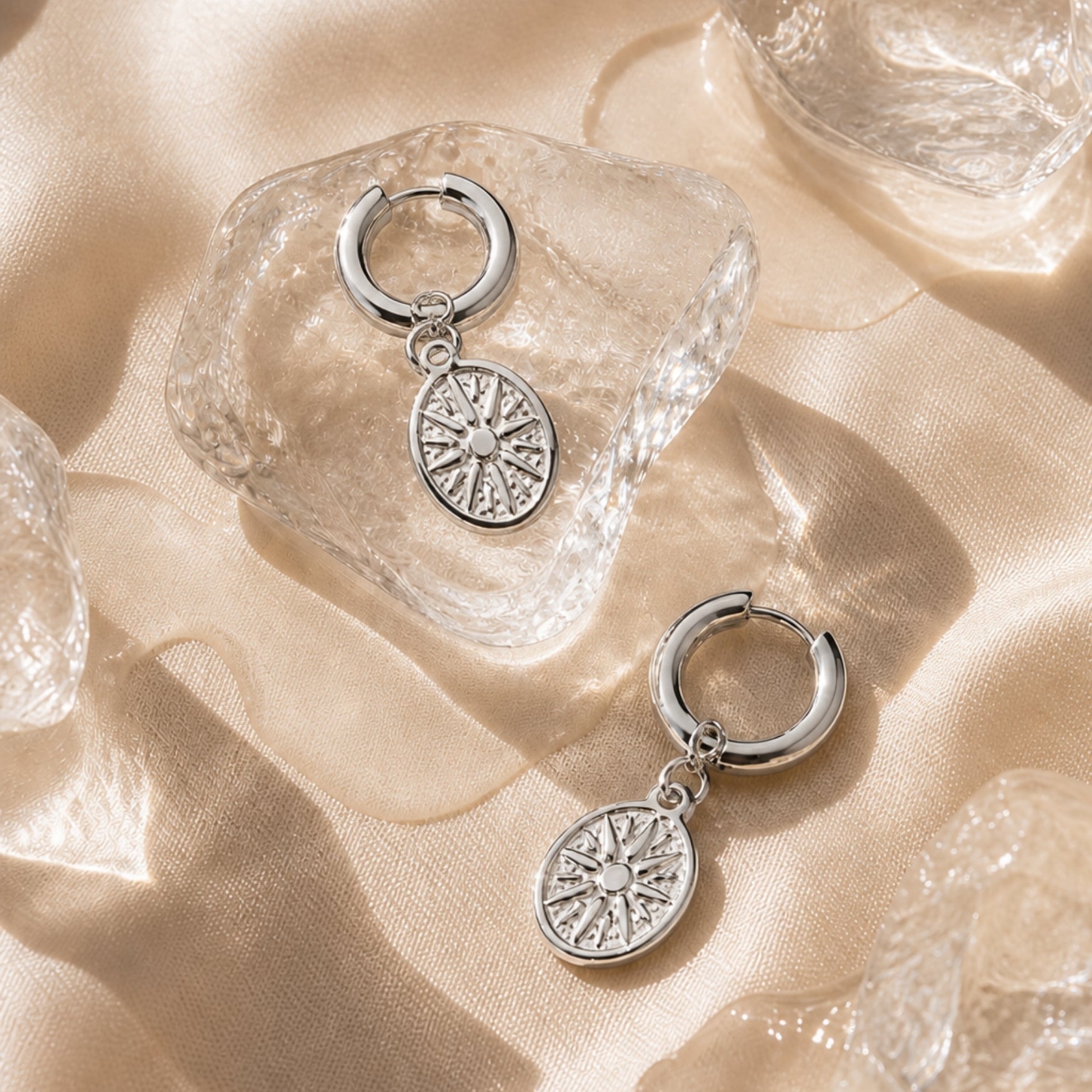 18K Gold Plated Sun Coin Drop Hoop Earrings