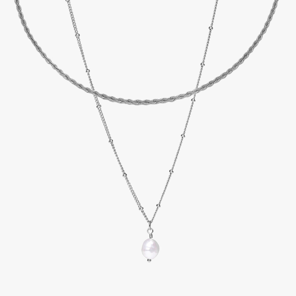 Silver Rope Chain Choker & Baroque Pearl Pendant Bundle Set