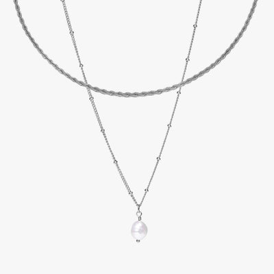 Silver Rope Chain Choker & Baroque Pearl Pendant Bundle Set