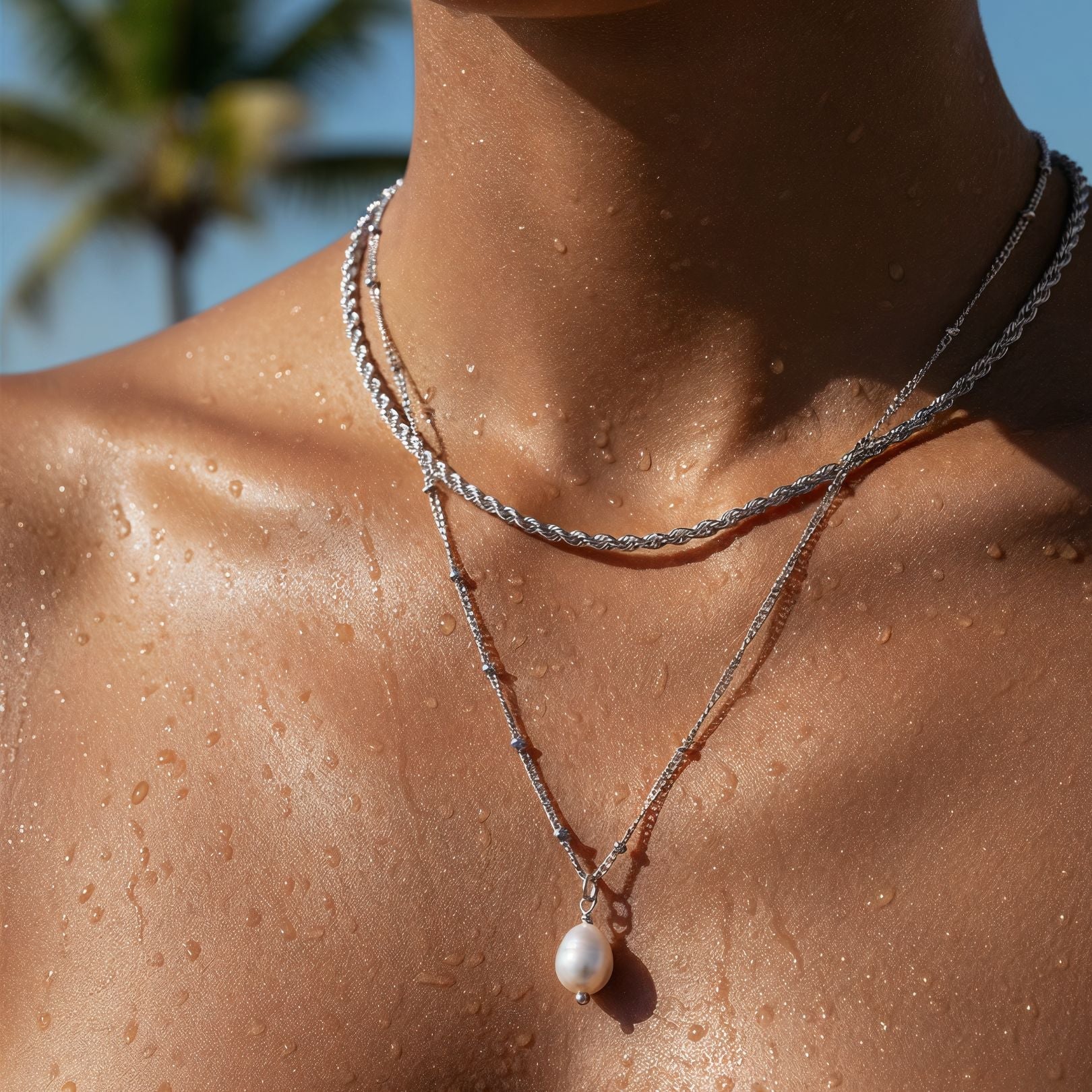Silver Rope Chain Choker & Baroque Pearl Pendant Bundle Set