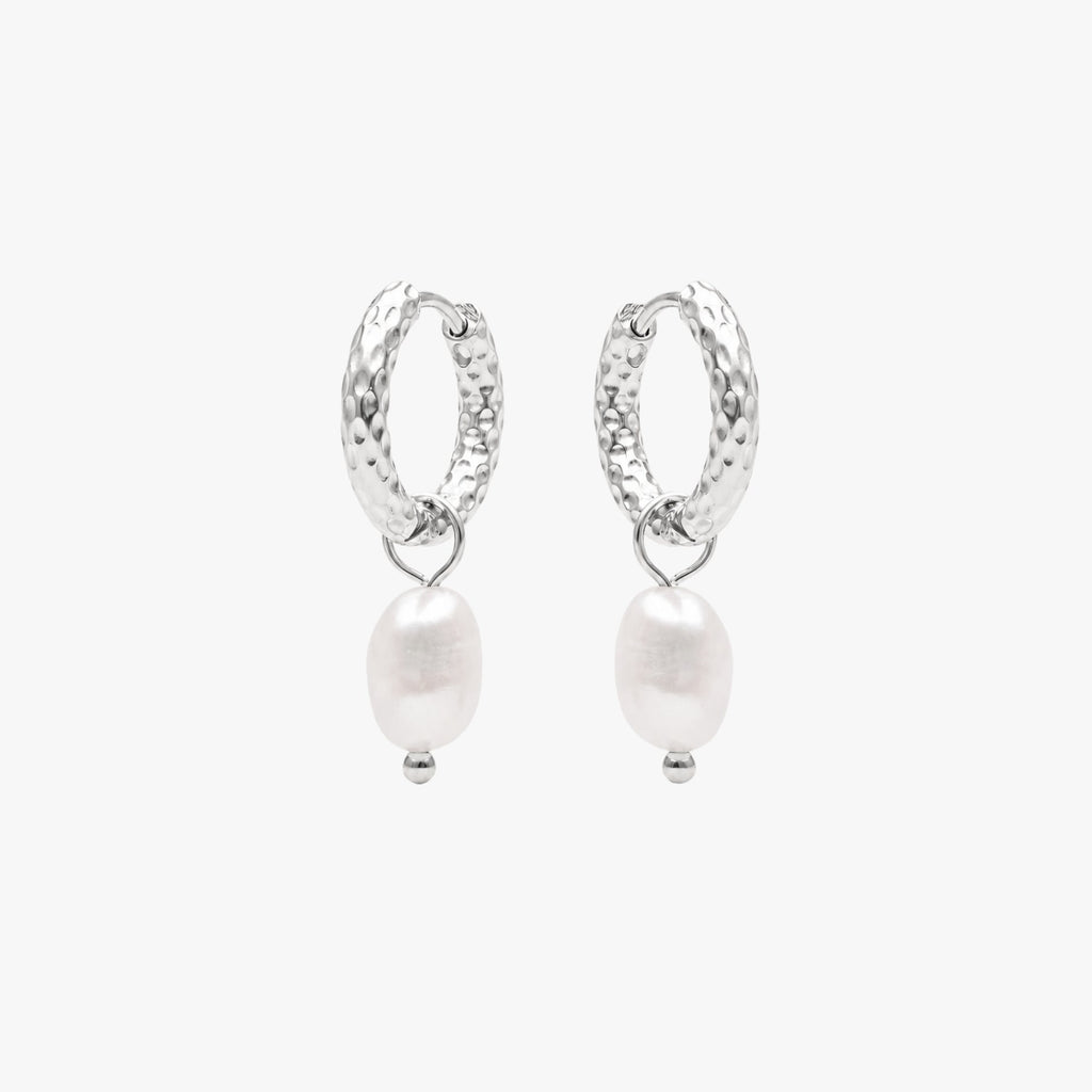 18K Gold Plated Hammered Freshwater Pearl Hoop Earrings