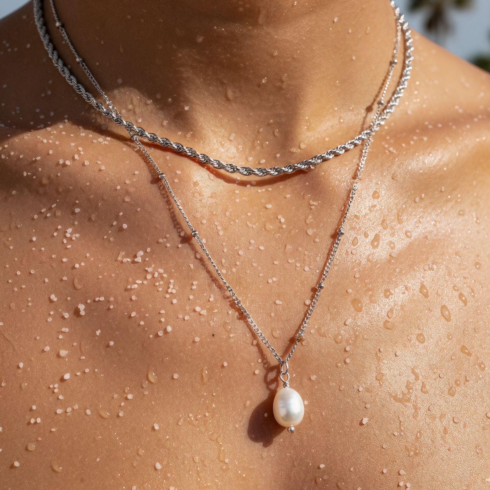 Silver Rope Chain Choker & Baroque Pearl Pendant Bundle Set