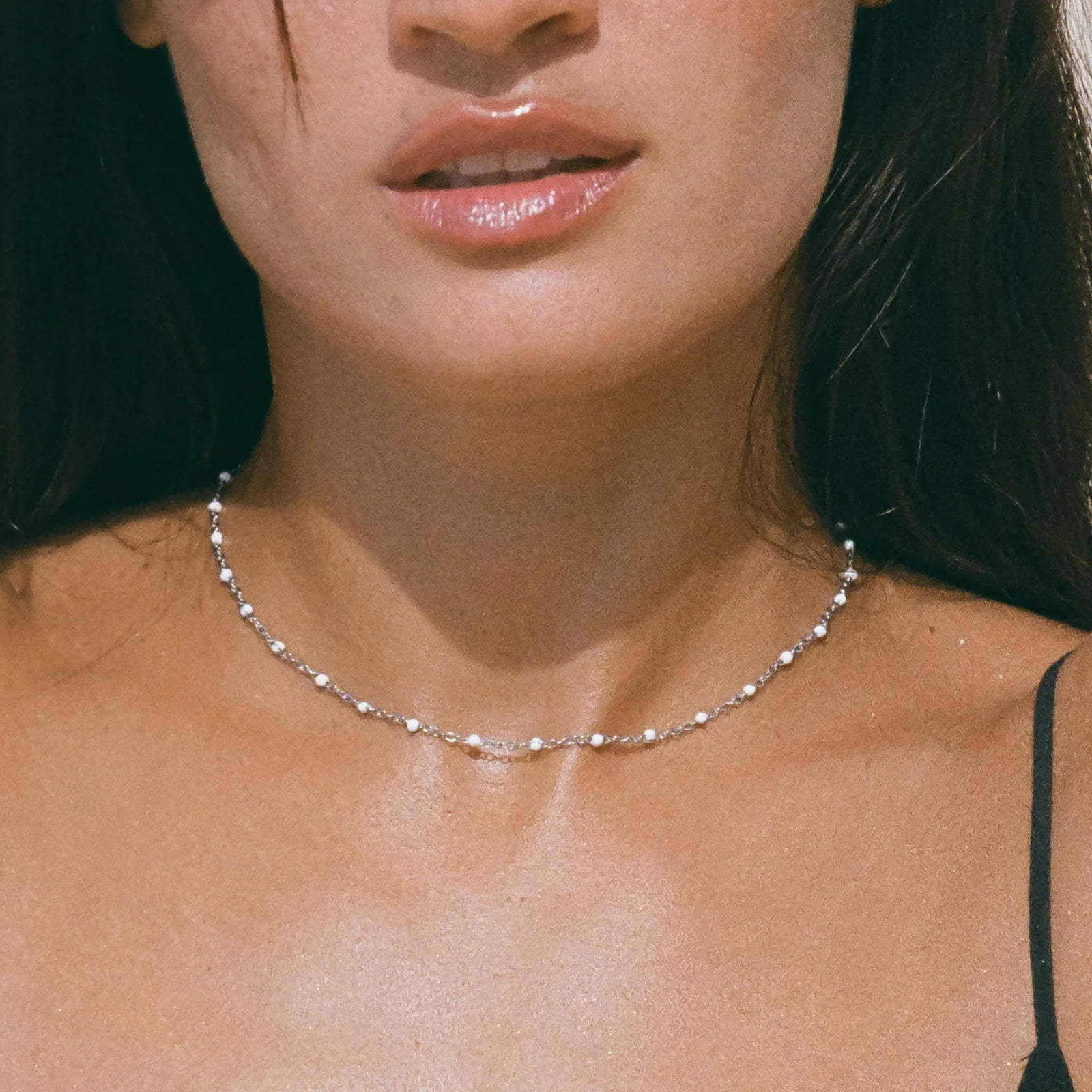 18K Gold Plated White Enamel Beaded Chain Necklace Waterproof