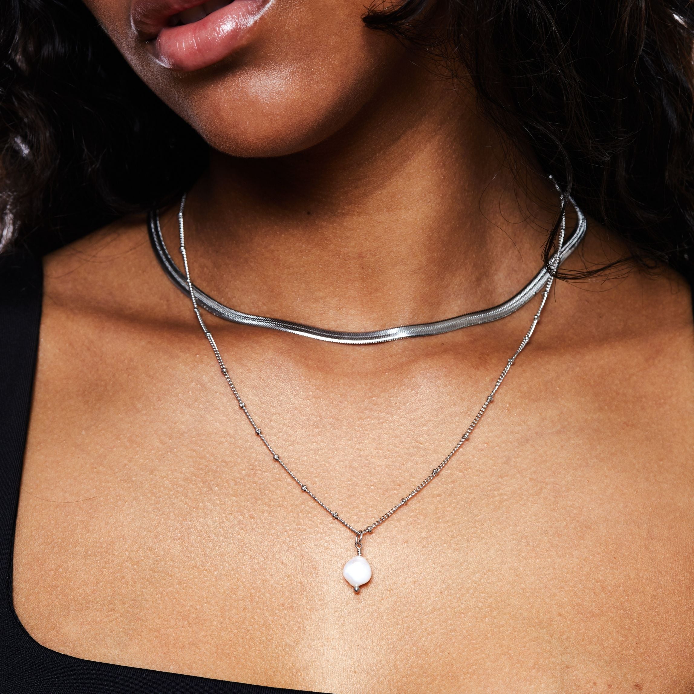 Silver Herringbone Choker & Baroque Pearl Pendant Bundle Set