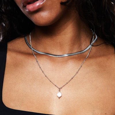Silver Herringbone Choker & Baroque Pearl Pendant Bundle Set