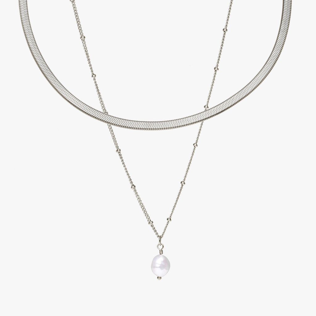 Silver Herringbone Choker & Baroque Pearl Pendant Bundle Set