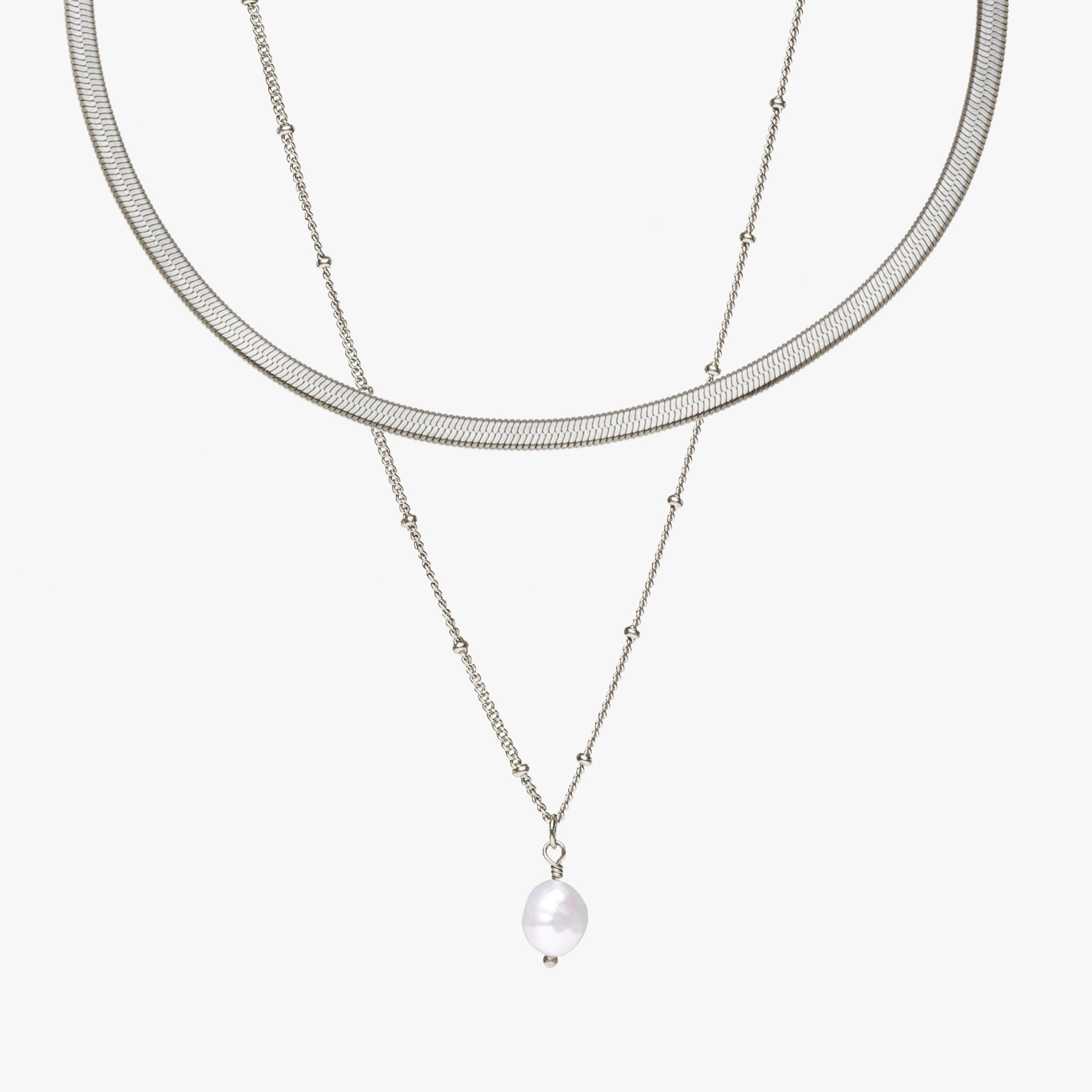 Silver Herringbone Choker & Baroque Pearl Pendant Bundle Set