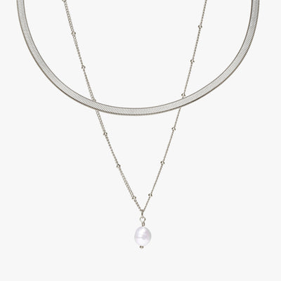 Silver Herringbone Choker & Baroque Pearl Pendant Bundle Set