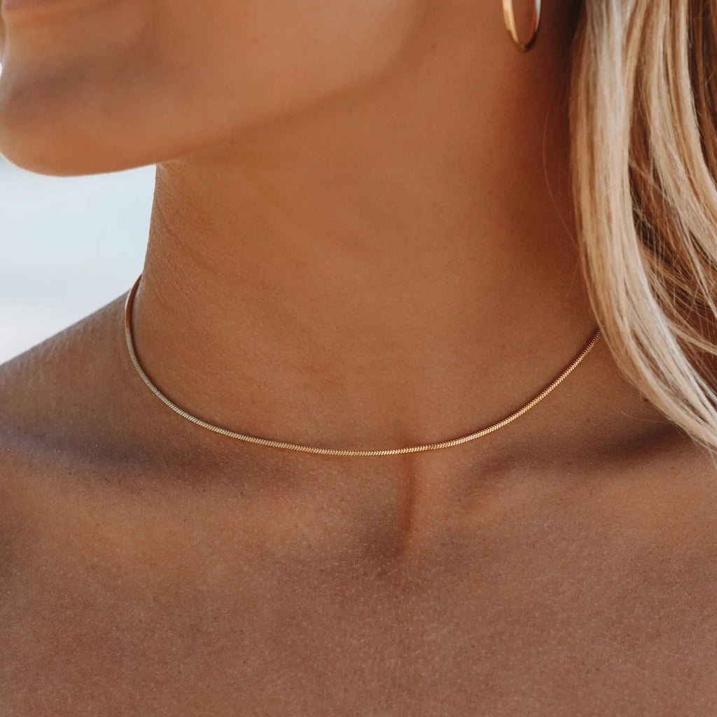 18K Gold Plated Dainty Herringbone Chain Choker Necklace Waterproof
