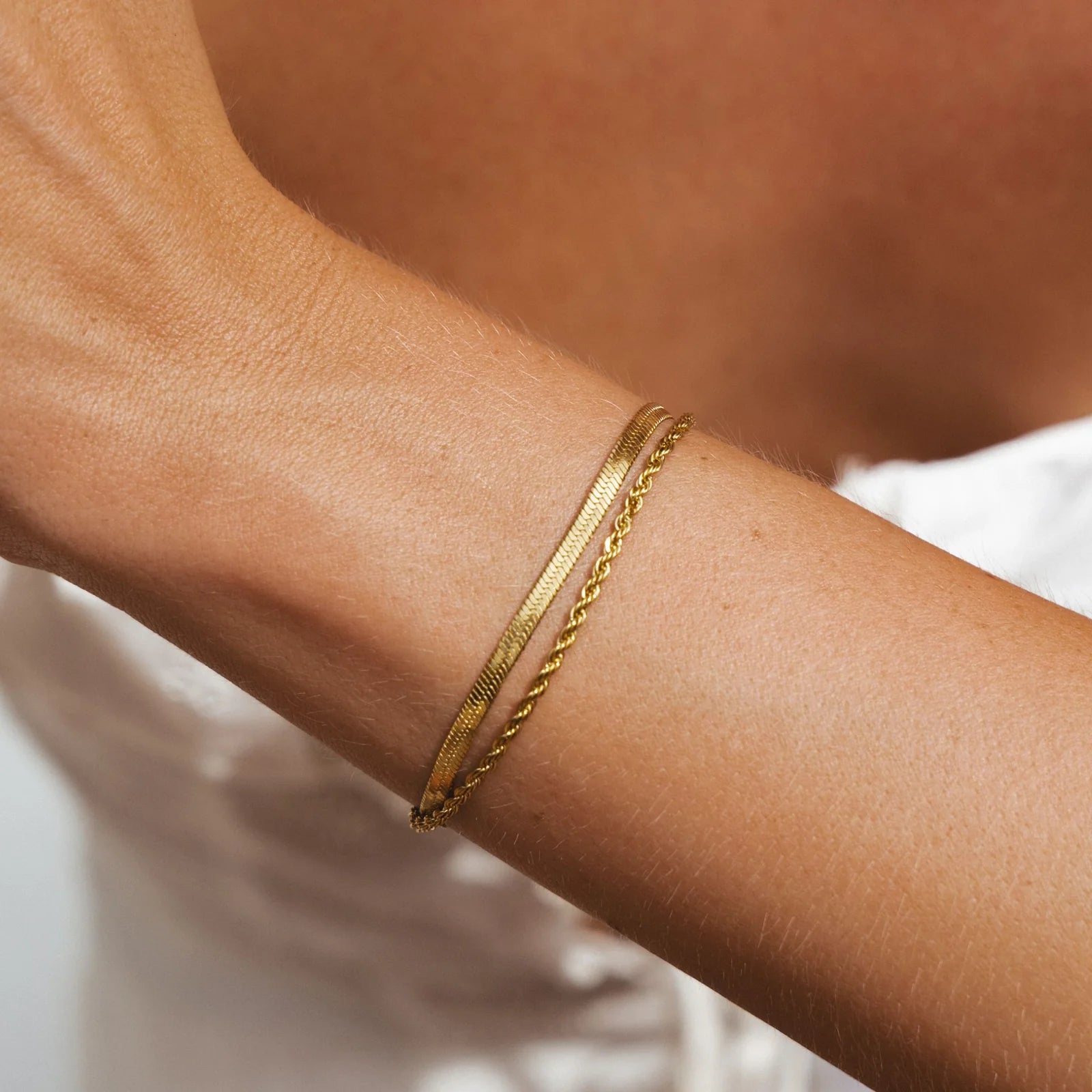 18K Gold Plated Herringbone & Rope Chain Layered Bracelet Set