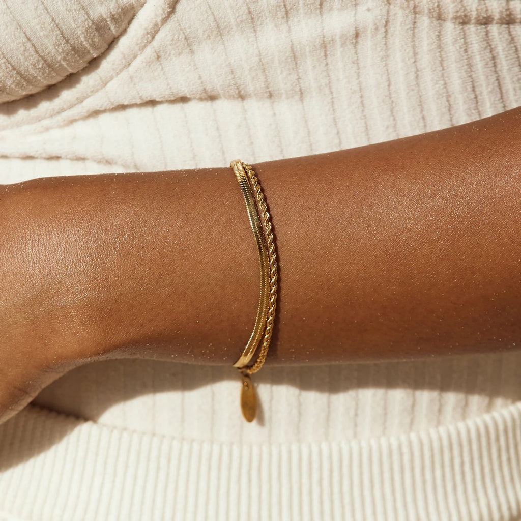 18K Gold Plated Herringbone & Rope Chain Layered Bracelet Set