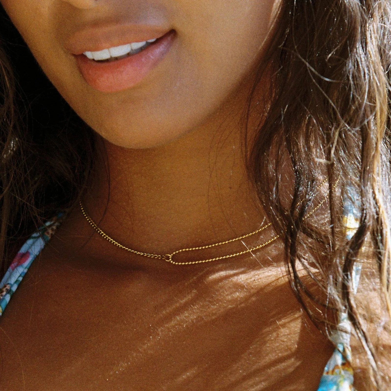 18K Gold Plated Double Chain Curb & Satellite Choker Necklace