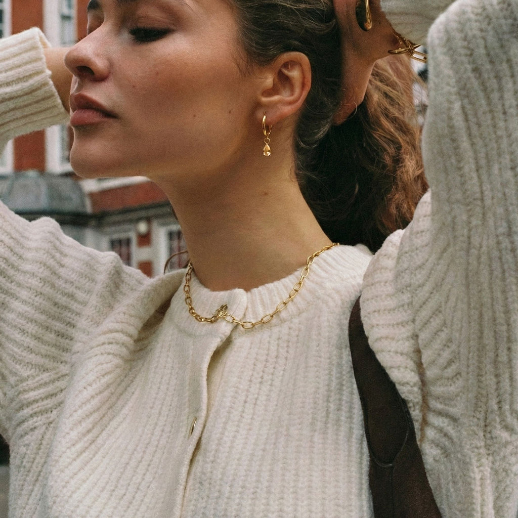 18K Gold Plated Rosé Stone Oval Drop Hoop Earrings