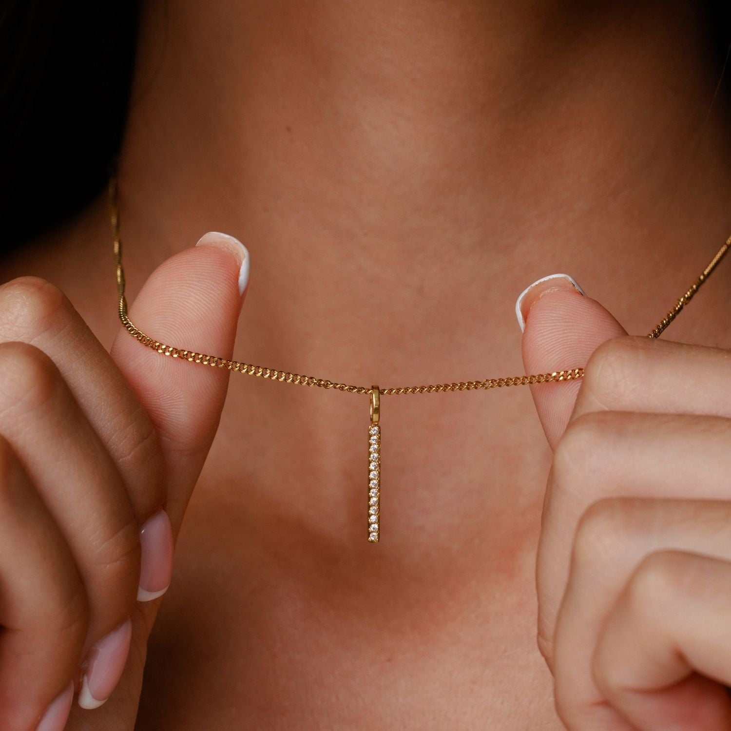 18K Gold Plated Sparkling Zircon Bar Pendant Necklace