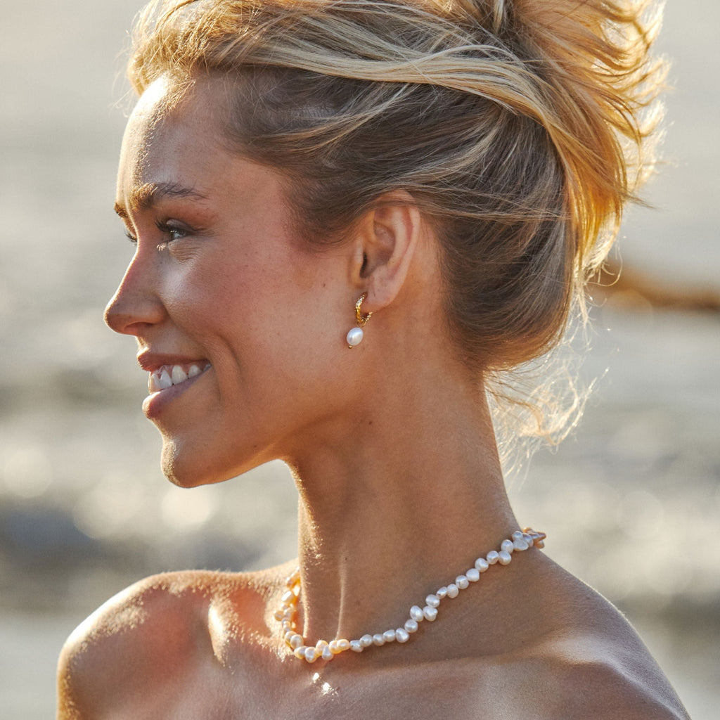 18K Gold Plated Hammered Freshwater Pearl Hoop Earrings