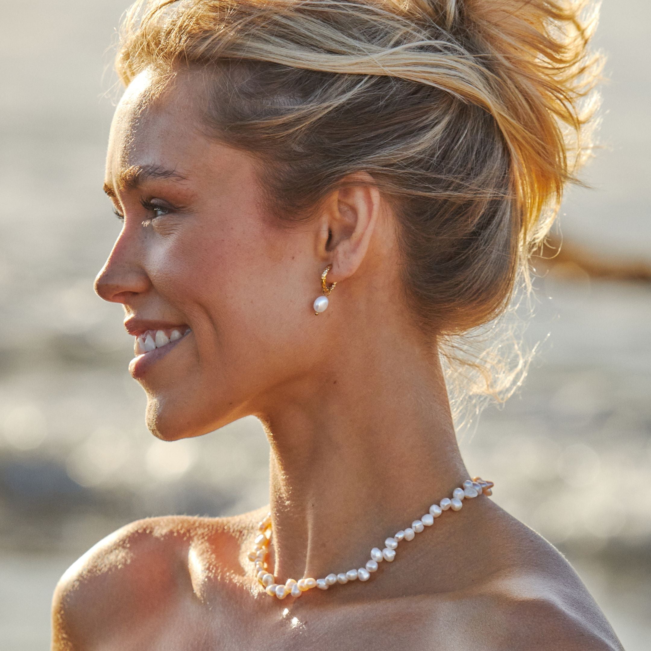 18K Gold Plated Hammered Freshwater Pearl Hoop Earrings