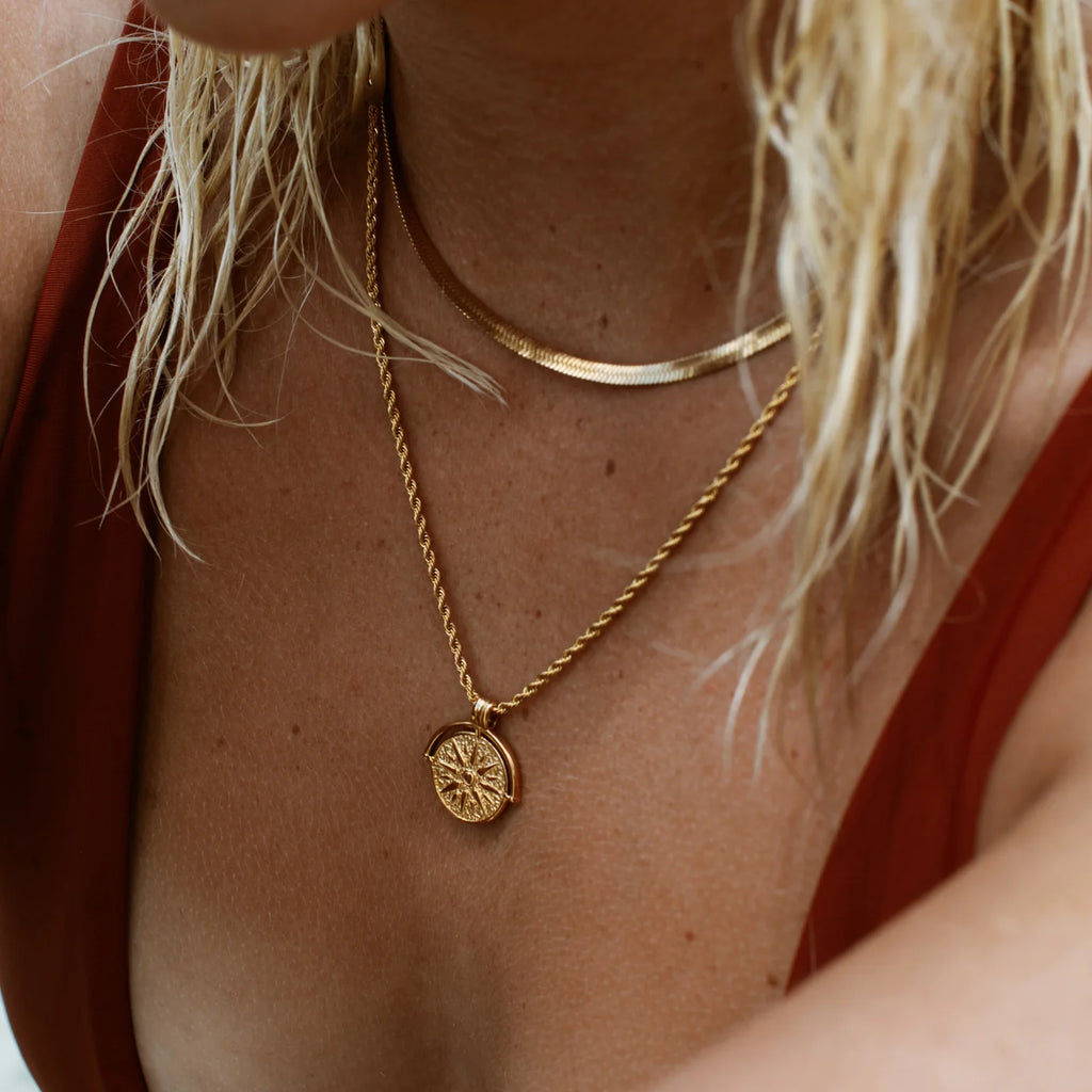 18K Gold Plated Sun Coin Pendant Rope Chain Necklace