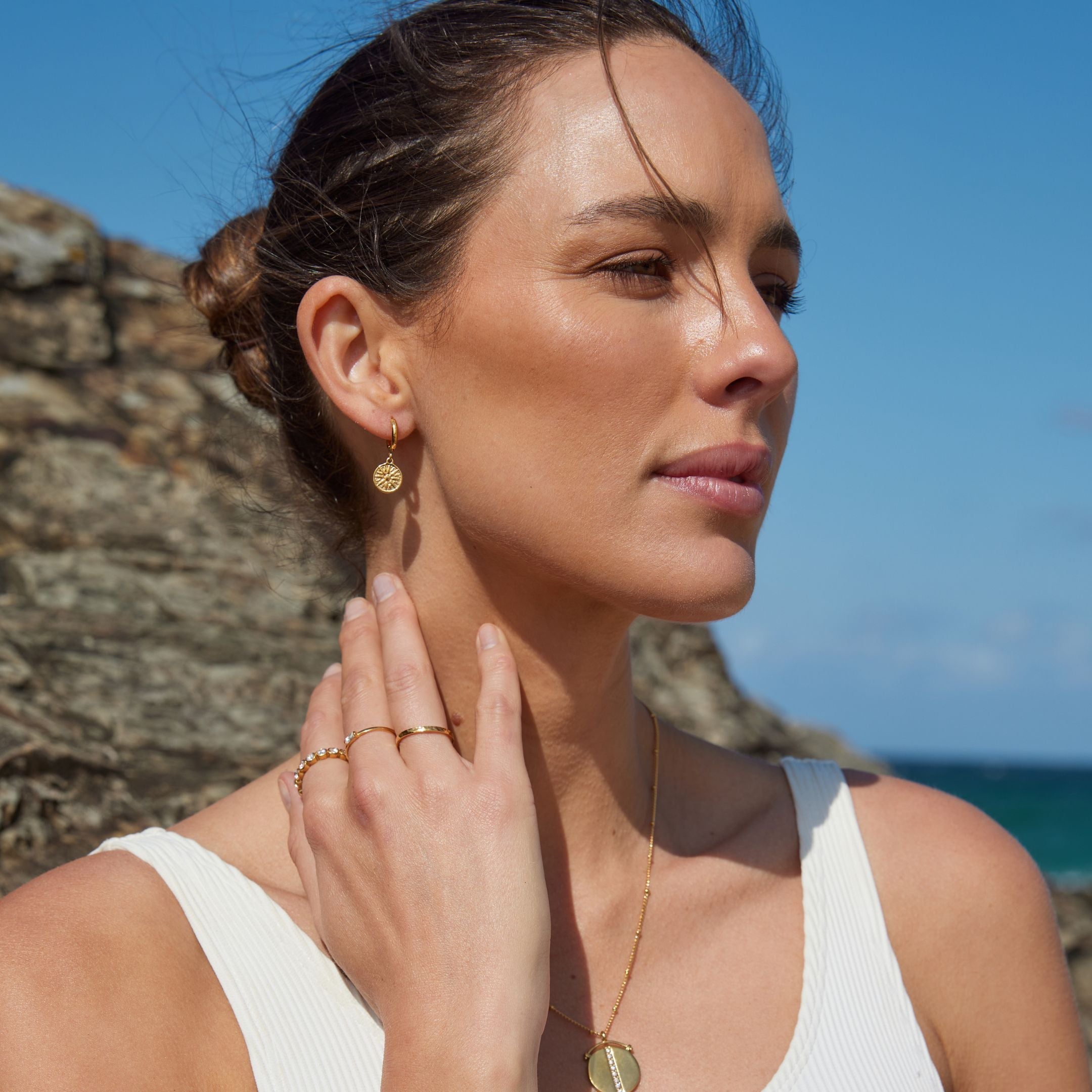 18K Gold Plated Sun Coin Drop Hoop Earrings