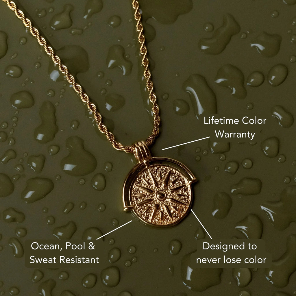 18K Gold Plated Sun Coin Pendant Rope Chain Necklace