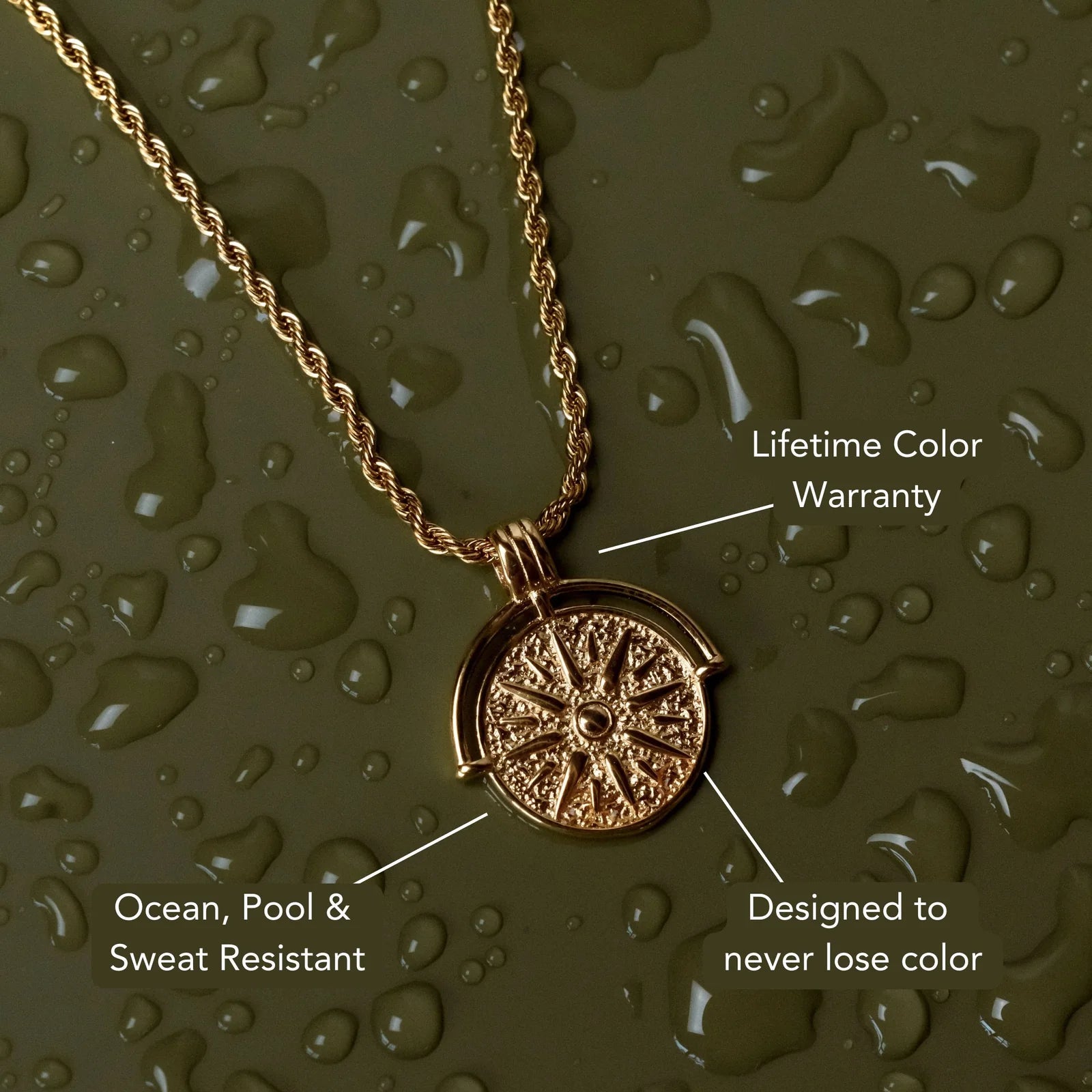 18K Gold Plated Sun Coin Pendant Rope Chain Necklace