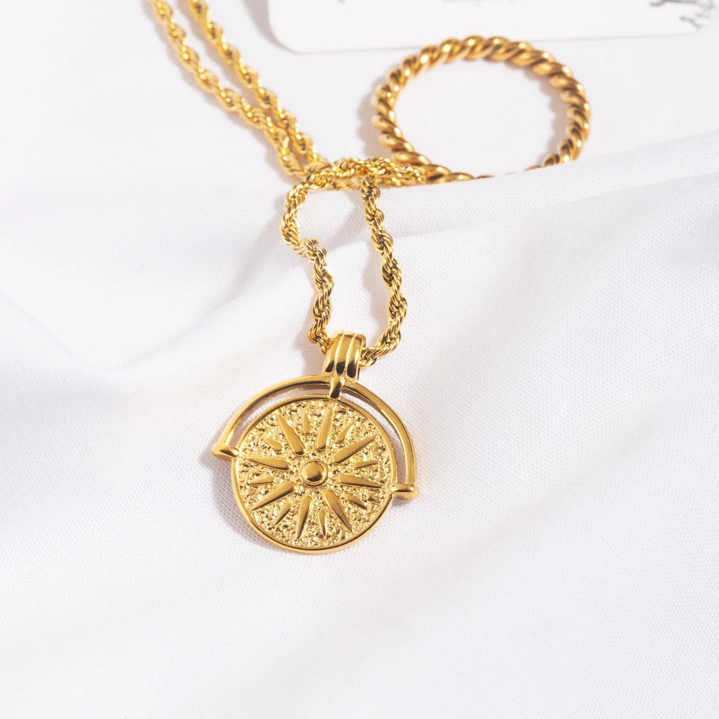 18K Gold Plated Sun Coin Pendant Rope Chain Necklace