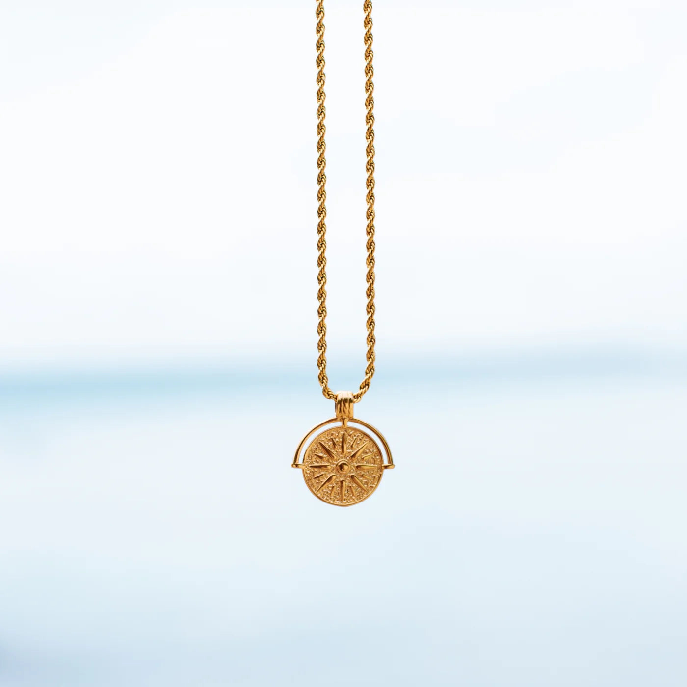 18K Gold Plated Sun Coin Pendant Rope Chain Necklace