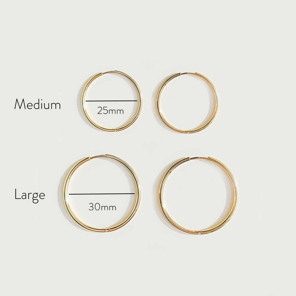 18K Gold Plated Thin Hoop Earrings Lightweight 2 Sizes
