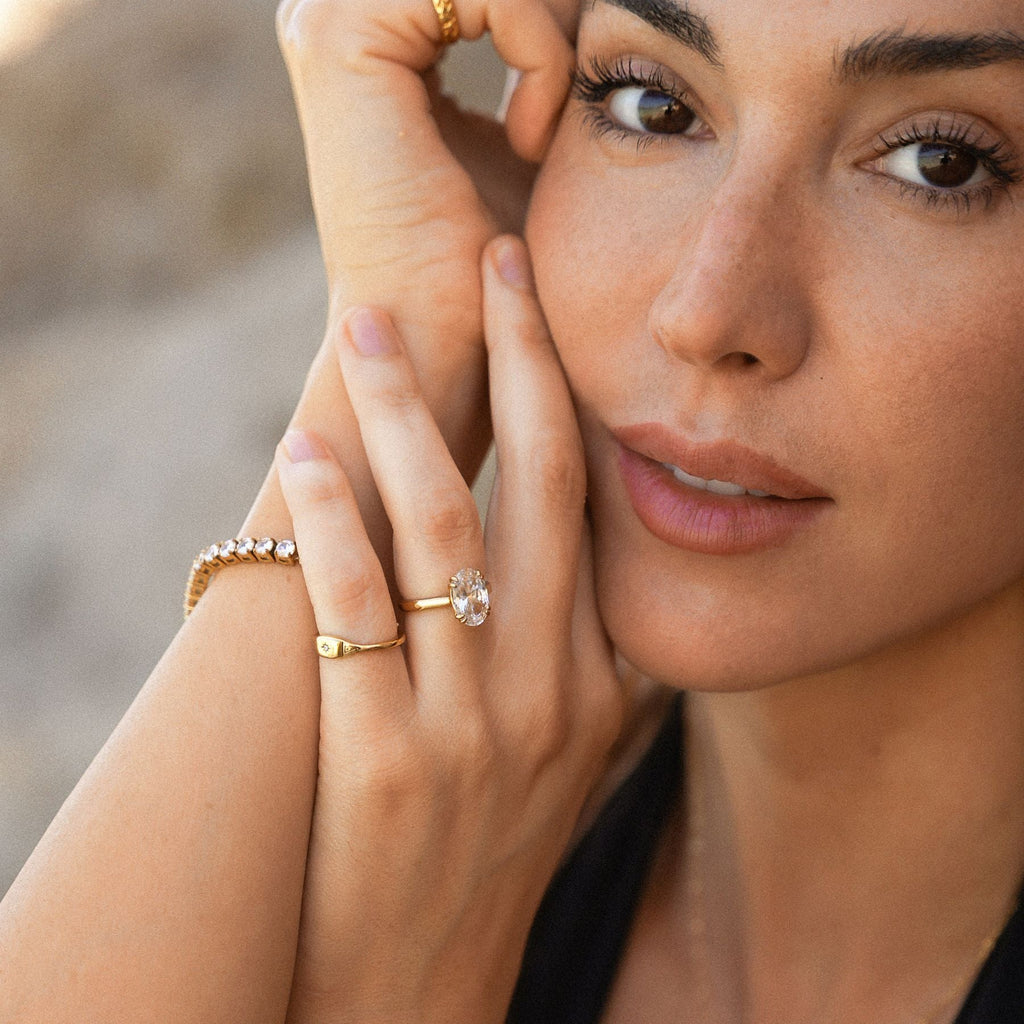 18K Gold Plated Oval Solitaire Zircon Ring