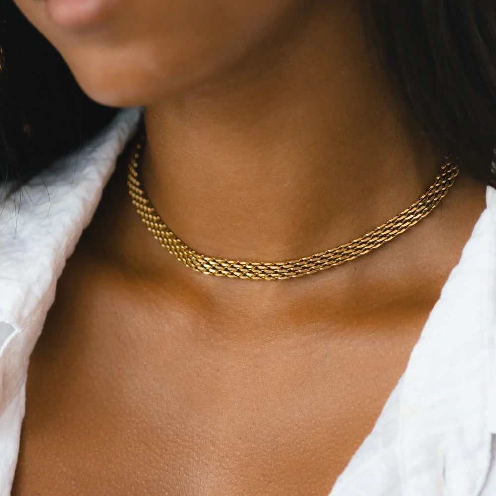 18K Gold Plated Wide Mesh Woven Choker Necklace Waterproof