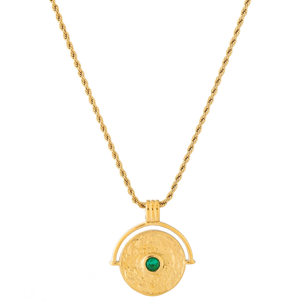18K Gold Plated Green Stone Coin Pendant Necklace