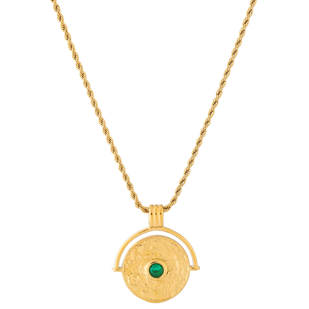18K Gold Plated Green Stone Coin Pendant Necklace