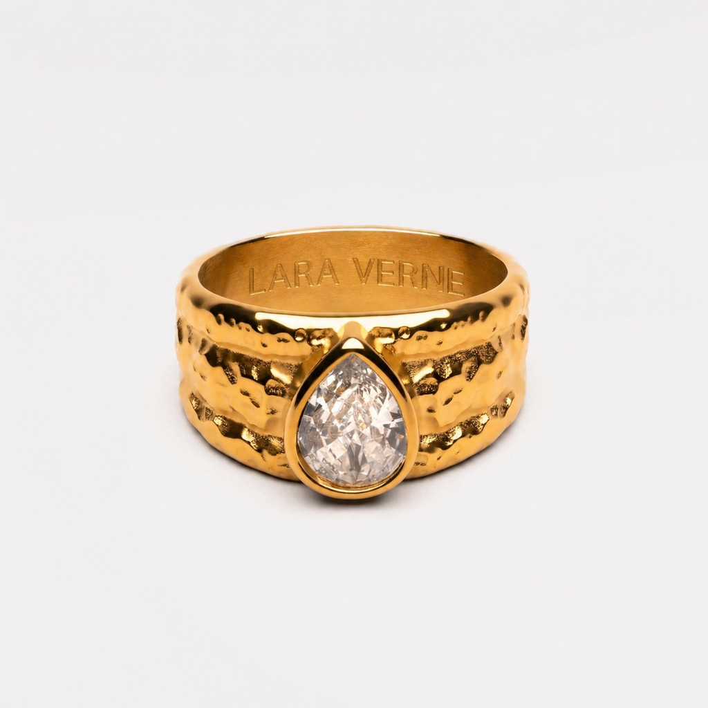 18K Gold Plated Odyssey Hammered White Zircon Ring