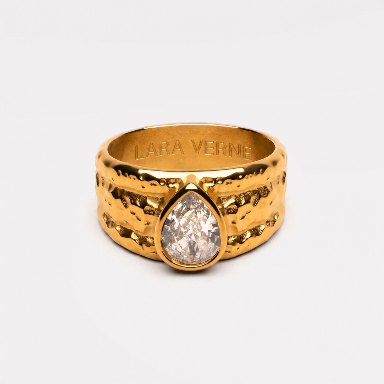 18K Gold Plated Odyssey Hammered White Zircon Ring