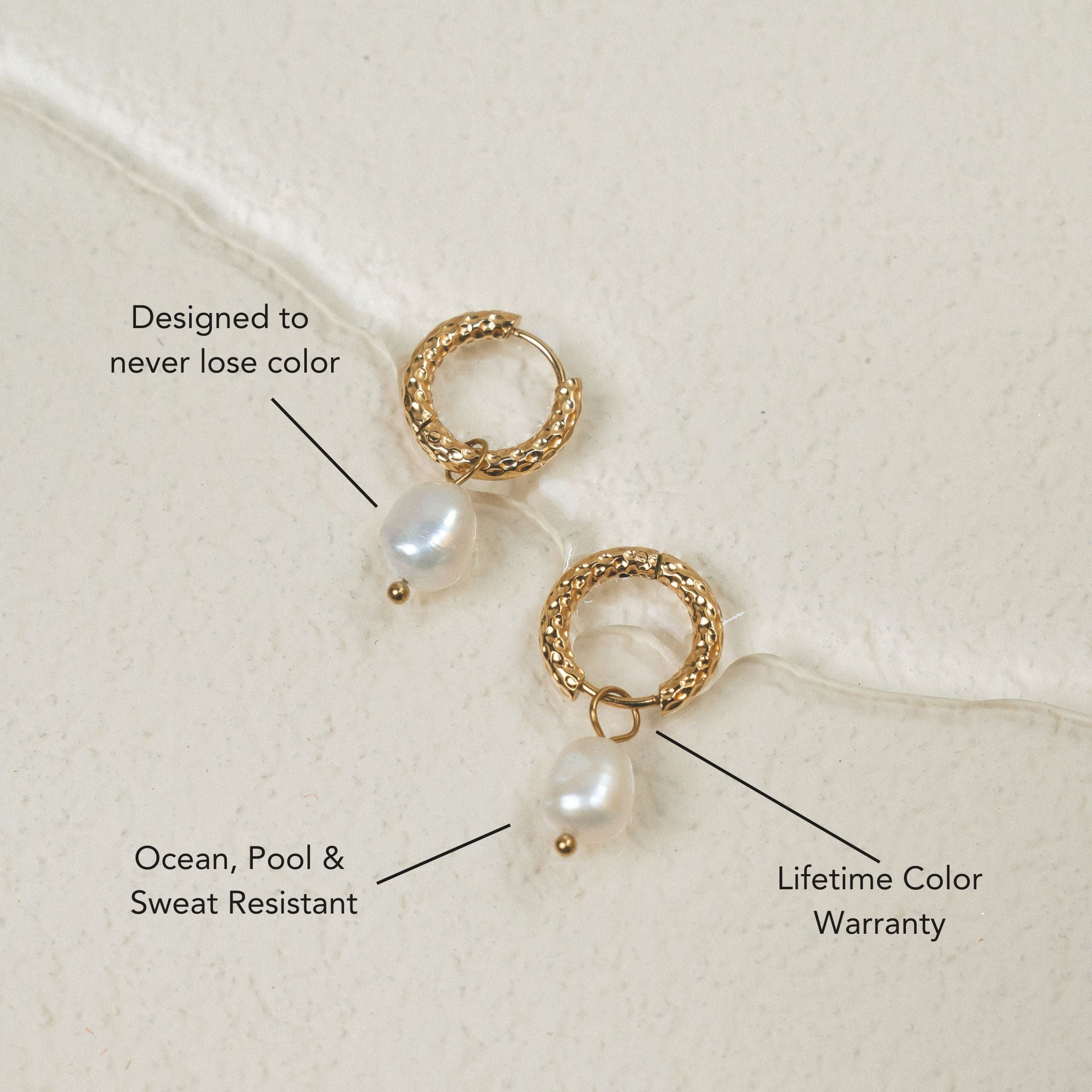 18K Gold Plated Hammered Freshwater Pearl Hoop Earrings