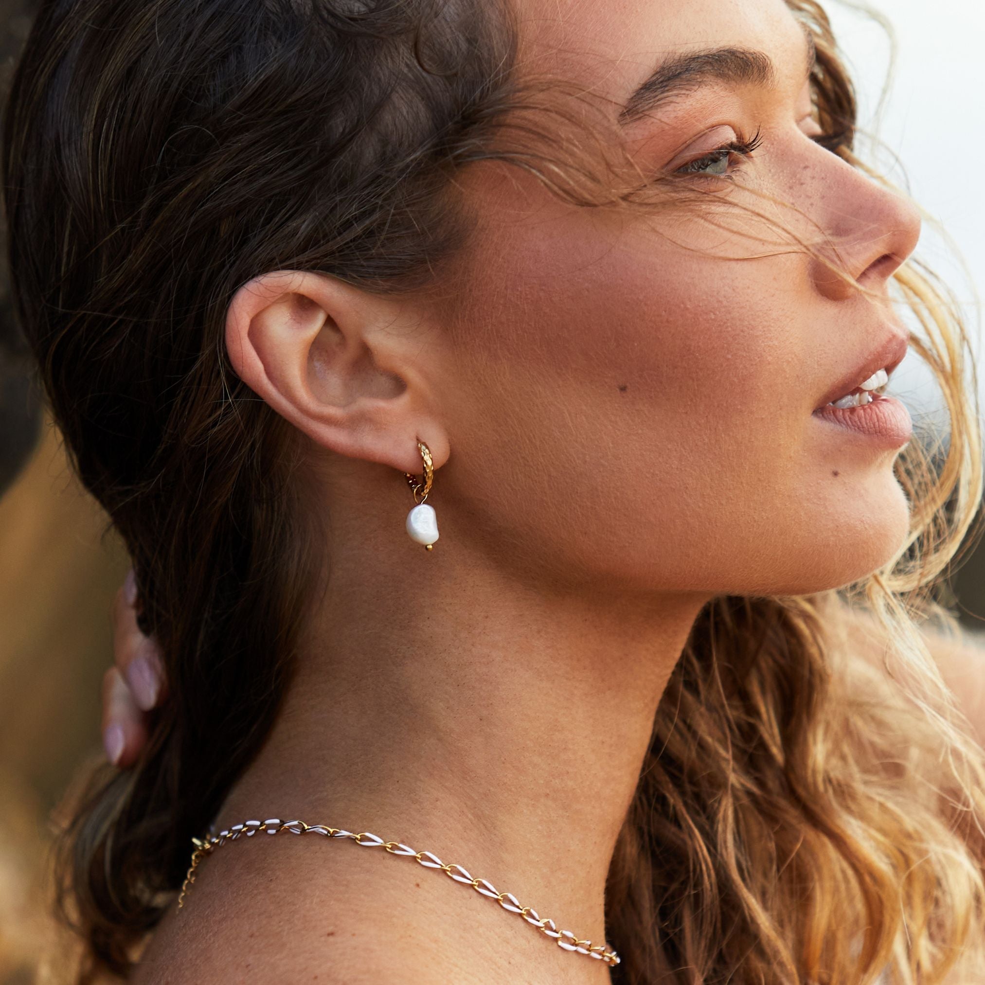 18K Gold Plated Hammered Freshwater Pearl Hoop Earrings