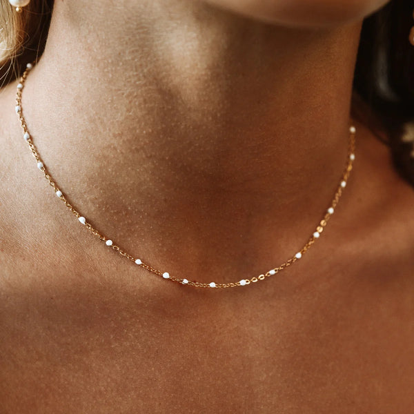 18K Gold Plated White Enamel Beaded Chain Necklace Waterproof